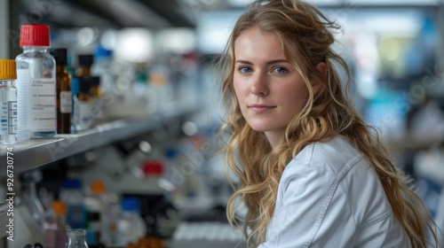 Young female scientist working in a modern laboratory surrounded by various glass containers and scientific equipment