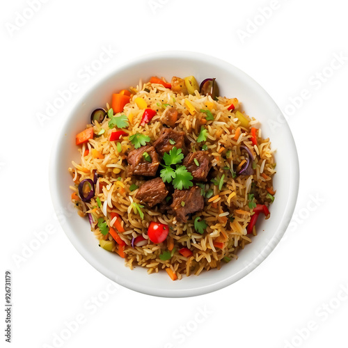 Delicious and Tasty Kabuli Pulao with Beef and Vegetables Isolated on a Transparent Background | Tasty Kabuli Pulao Isolated on a Transparent Background photo