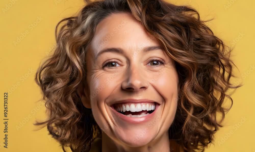 Portrait of a happy mature woman with curly hair smiling at the camera over yellow background Portrait of a happy mature woman with curly hair smiling at the camera over yellow background