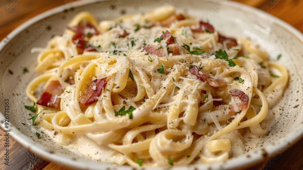 Delicious creamy fettuccine pasta garnished with bacon, parsley, and grated cheese, served on a rustic plate.