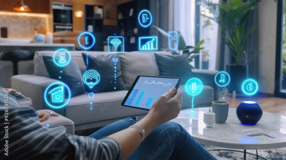 A person interacts with a tablet displaying digital icons in a modern living room, showcasing smart technology and data visualization.