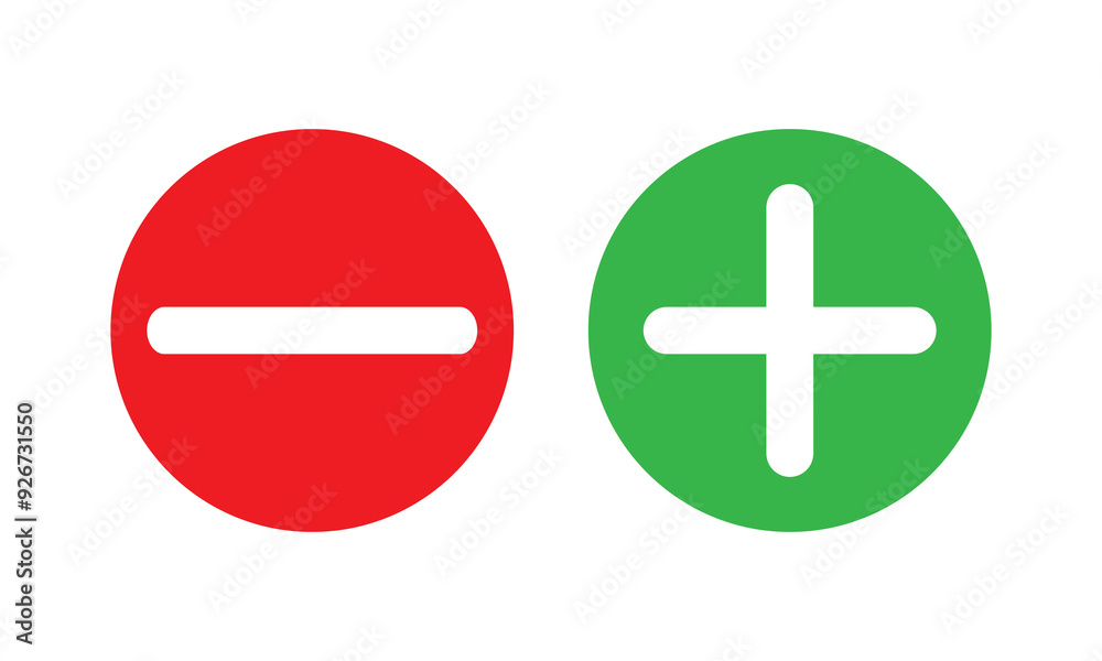 Round plus and minus icons set with different thicknesses. Vector.