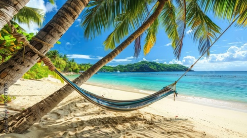 Tranquil beach scene featuring a hammock between palm trees and crystal-clear water, perfect for relaxation and vacation vibes.