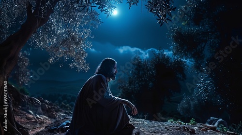 Jesus Christ praying in the Garden of Gethsemane, surrounded by olive trees, moonlight casting a serene glow, a moment of deep faith, contemplation, and spiritual connection, banner