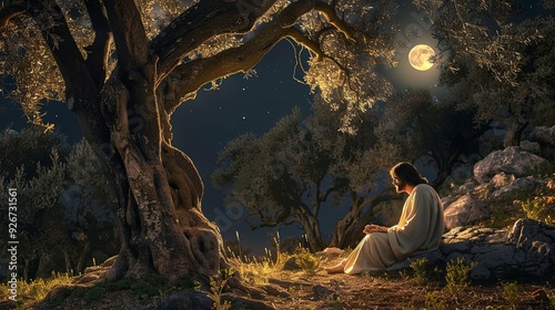 Jesus Christ praying in the Garden of Gethsemane, surrounded by olive trees, moonlight casting a serene glow, a moment of deep faith, contemplation, and spiritual connection, banner photo