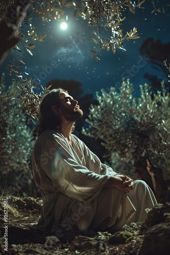 Jesus Christ praying in the Garden of Gethsemane, surrounded by olive trees, moonlight casting a serene glow, a moment of deep faith, contemplation, and spiritual connection, banner