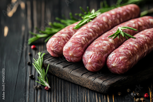African Burevors sausages raw , rosmary, black charcoal background