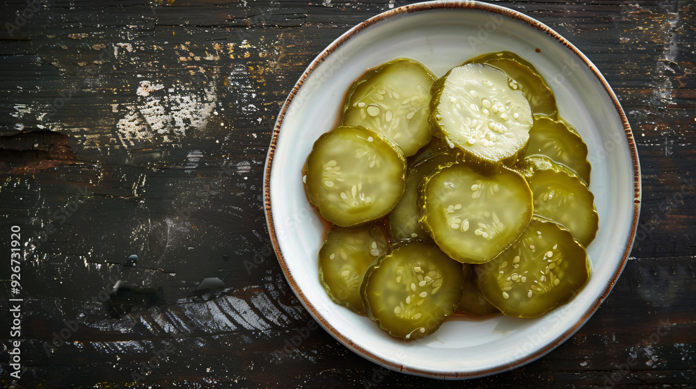 Sliced pickles in a bowl on rustic wood, tangy, crunchy snack. Fresh, organic ingredients, top view with copy space Sliced pickles in a bowl on rustic wood, tangy, crunchy snack. Fresh, organic ingredients, top view with copy space