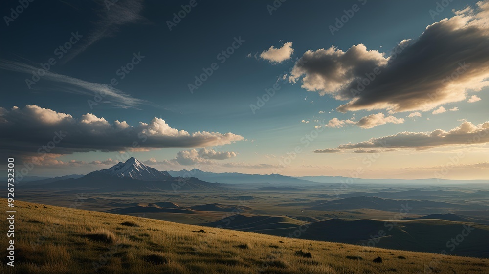 A sweeping view of mountain peaks with a vast, open meadow in the foreground, under a wide, clear sky. A sweeping view of mountain peaks with a vast, open meadow in the foreground, under a wide, clear sky.
