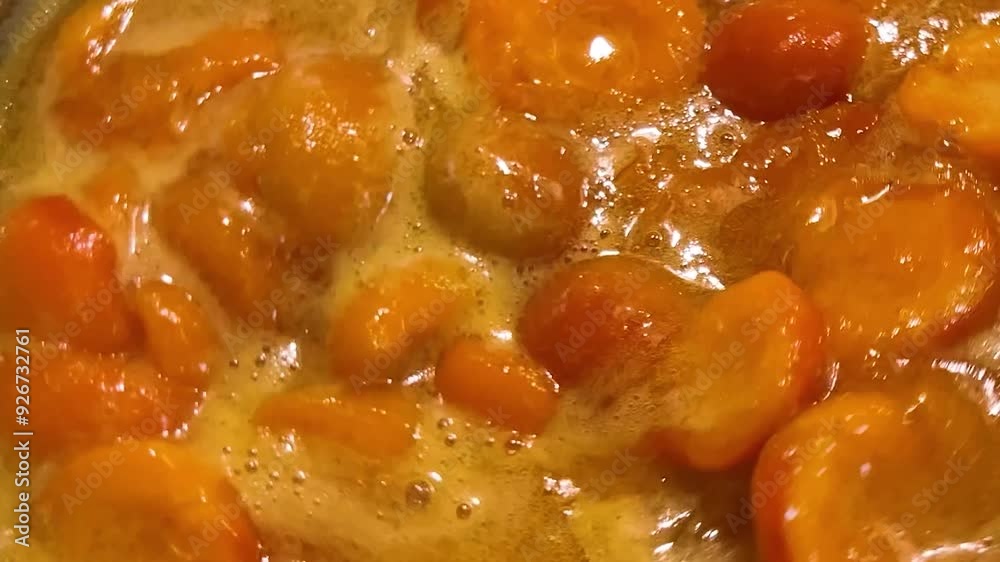 The process of making apricot jam in a metal pan. The jam is cooked in a pan. The process of making apricot jam in a metal pan. The jam is cooked in a pan.