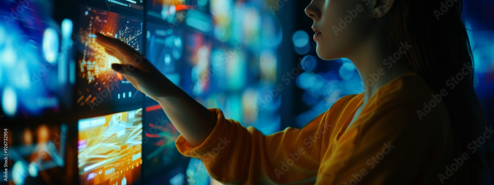 Young woman interacting with multiple digital screens displaying various data and information, Young woman interacting with multiple digital screens displaying various data and information,