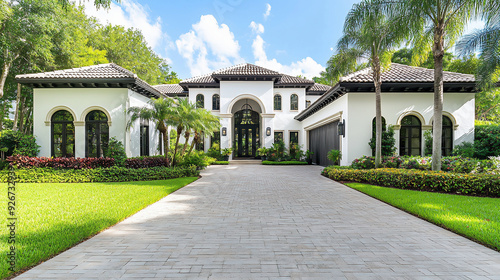 Luxurious Florida Home With White Stucco, Black Accents, Large Paver Driveway, Tropical Landscaping, Stone Roof Tiles.
