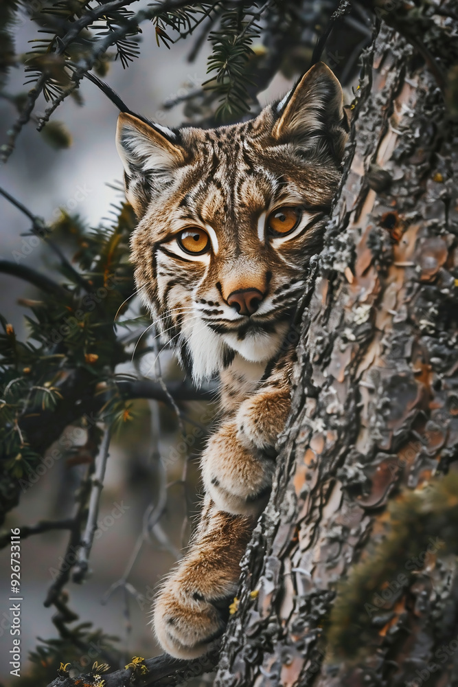 Naklejka premium Inquisitive Lynx Peering Down From Top Of Tree, Yellow Eyes Focused, Capturing A Curious And Alert Expression. 