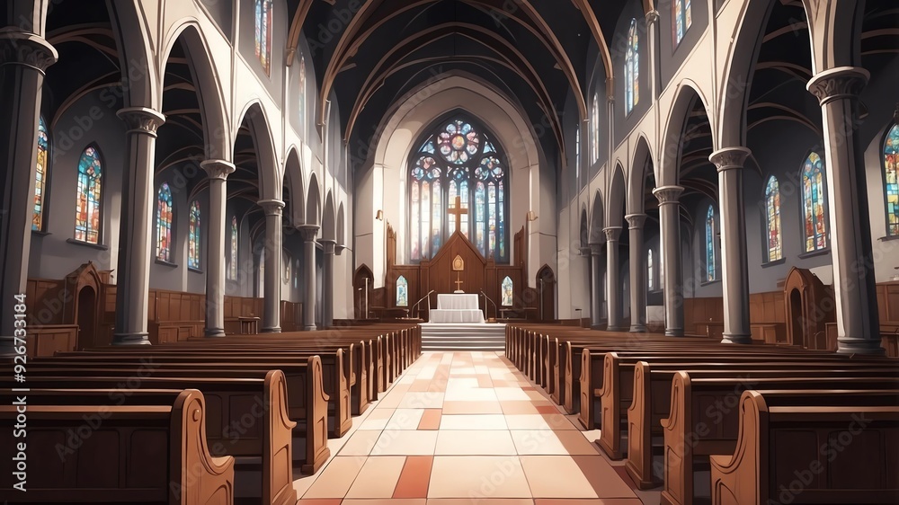 Obraz premium retro anime style church interior illustra background