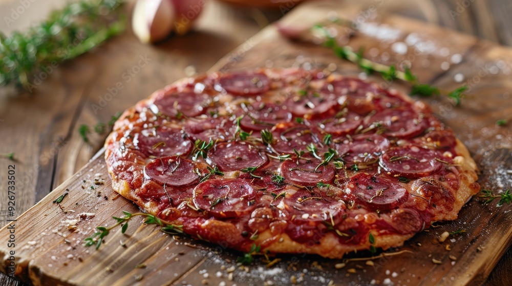 Delicious salami pizza topped with fresh herbs on a wooden board Delicious salami pizza topped with fresh herbs on a wooden board