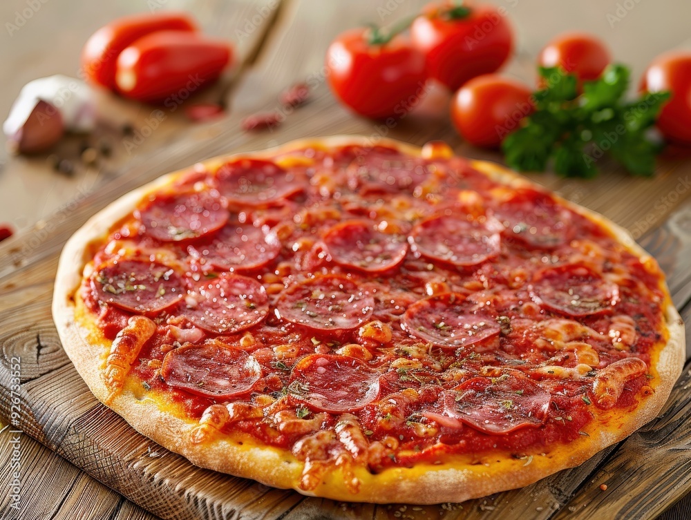 Delicious salami pizza on a wooden table with fresh ingredients nearby Delicious salami pizza on a wooden table with fresh ingredients nearby
