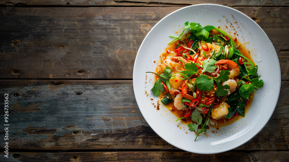 Spicy shrimp dish presented on a rustic wooden table, served on a white plate Spicy shrimp dish presented on a rustic wooden table, served on a white plate