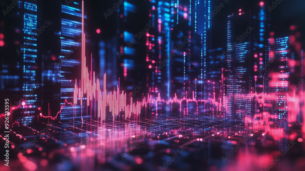 Obraz premium Abstract with pastel colorful charts and graphs with statistics to analyze business potential and forecast future development of companies growth. with city skyline and modern building background