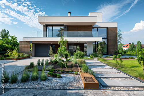 Modern house in suburb with beautiful green landscape