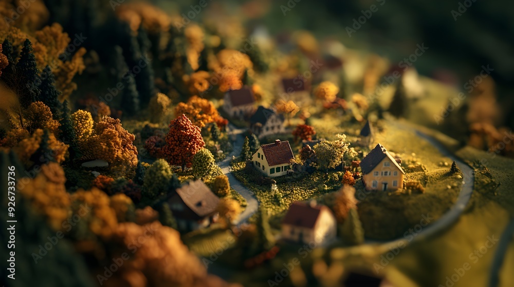Miniature Village in Autumn with Warm Sunlight and Cozy Country Homes Miniature Village in Autumn with Warm Sunlight and Cozy Country Homes