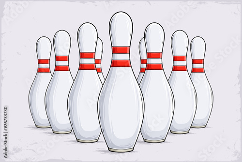 Hand drawn set of white bowling pins with red stripes ready to strike isolated on white background