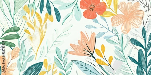 Beautiful floral pattern with pink, yellow, and green leaves and flowers on white background.