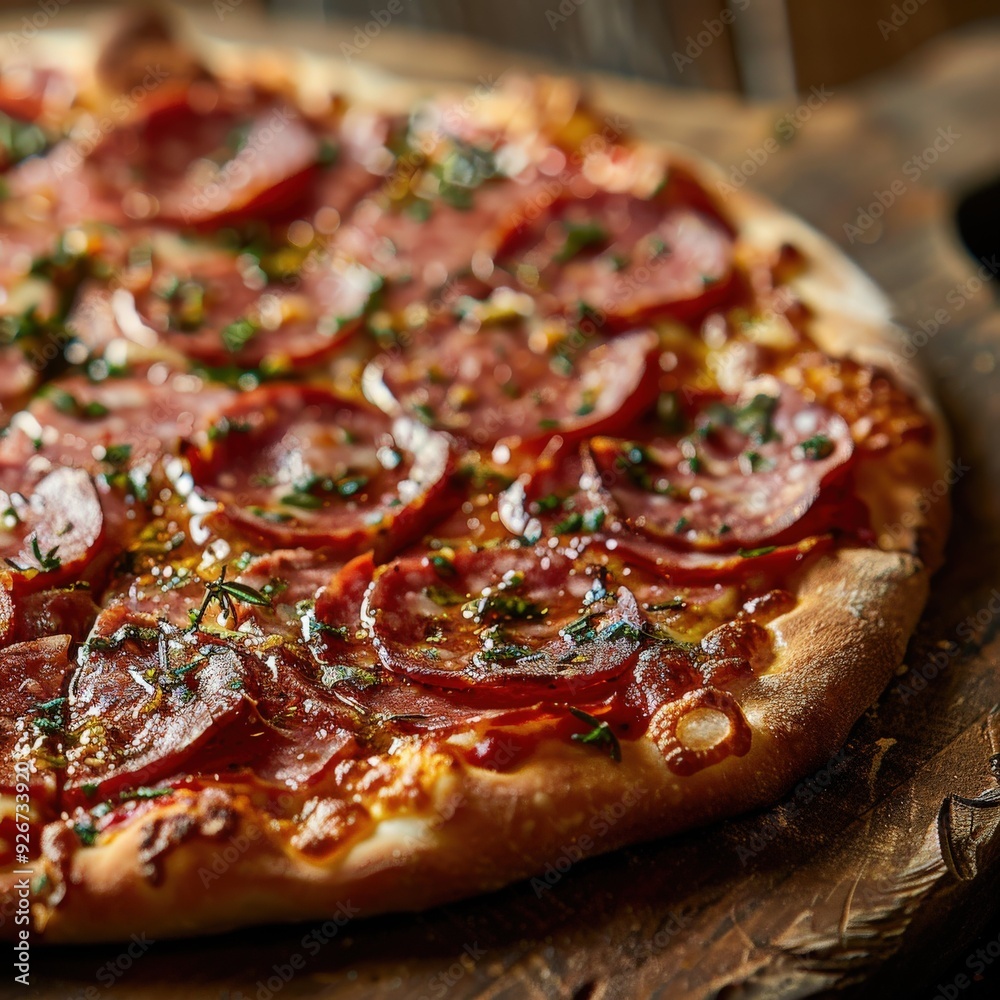 Delicious salami pizza fresh from the oven on a wooden board Delicious salami pizza fresh from the oven on a wooden board