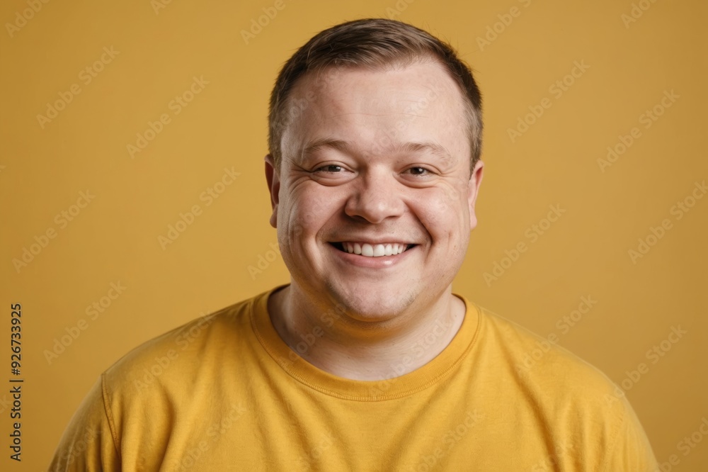 Studio Portrait Of Smiling Man With Down Syndrome Standing Against Yellow Background Studio Portrait Of Smiling Man With Down Syndrome Standing Against Yellow Background