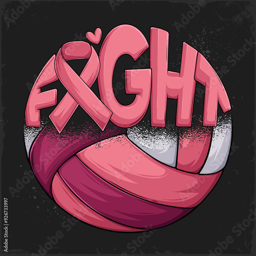 Hand drawn Breast Cancer awareness half pink Volleyball ball fight word calligram with pink ribbon