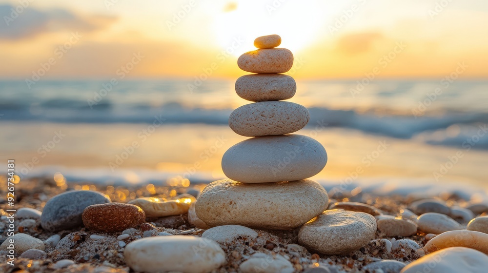 Fototapeta premium Stacked zen stones on a beach at sunset