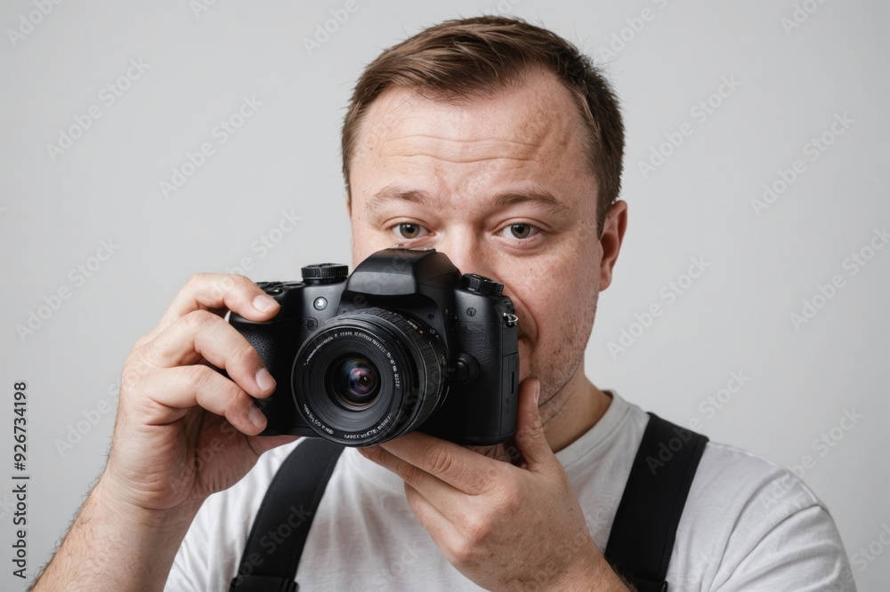 a man with down syndrome with camera on white background a man with down syndrome with camera on white background