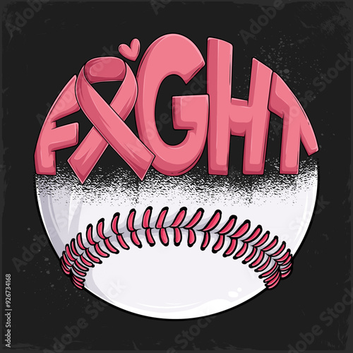 Hand drawn Breast Cancer awareness half pink stitched Baseball ball fight calligram with pink ribbon