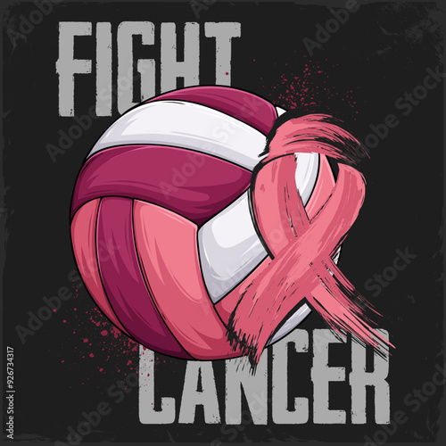 Hand drawn Breast Cancer awareness pink Volleyball ball with pink ribbon female hope fight concept