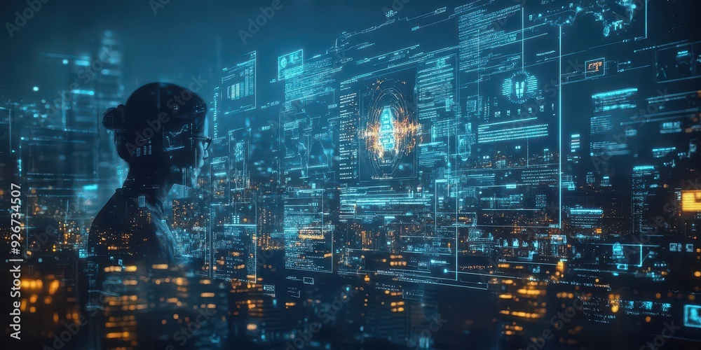 Silhouette of a person in a futuristic city with glowing digital screens. Silhouette of a person in a futuristic city with glowing digital screens.
