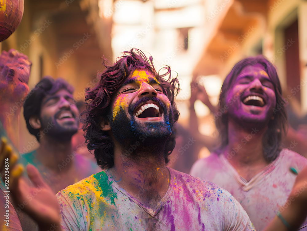 Vibrant Holi festival celebrations with a smiling men's covered in colorful powder and a lively crowd throwing colors in the air. Capturing the essence of Indian culture and joy. Vibrant Holi festival celebrations with a smiling men's covered in colorful powder and a lively crowd throwing colors in the air. Capturing the essence of Indian culture and joy.