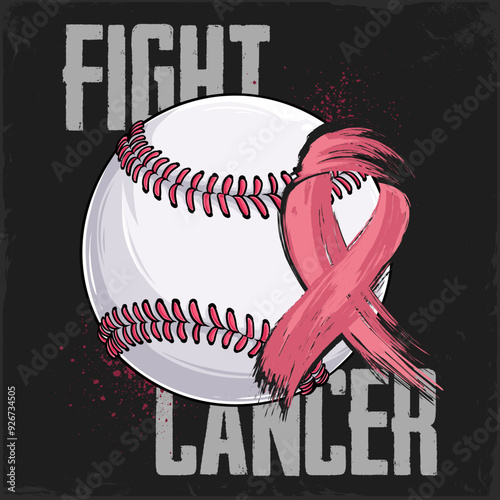Hand drawn Breast Cancer awareness pink Baseball ball with pink ribbon female hope fight concept