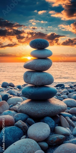 Stacked zen stones on a beach at sunset