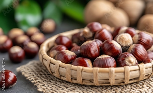 Fresh chestnuts in a woven basket with autumn leaves on a wooden table outdoors