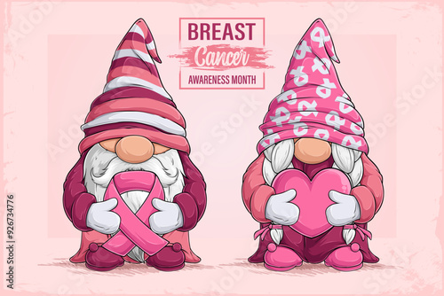 Hand drawn cute Breast Cancer awareness month gnomes holding a pink ribbon and heart health support