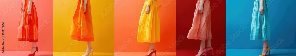 Spring fashion showcase with colorful dresses against vibrant backgrounds Spring fashion showcase with colorful dresses against vibrant backgrounds