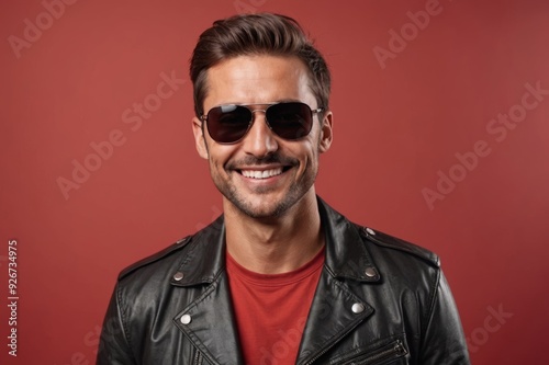 Photo of cheerful inspired man  wearing dark sunglasses look empty space toothy smile wear sunglass leather jacket isolated on red color background