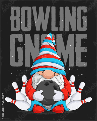 Hand drawn cute gnome holding a black bowling ball and set of white bowling pins on behind isolated