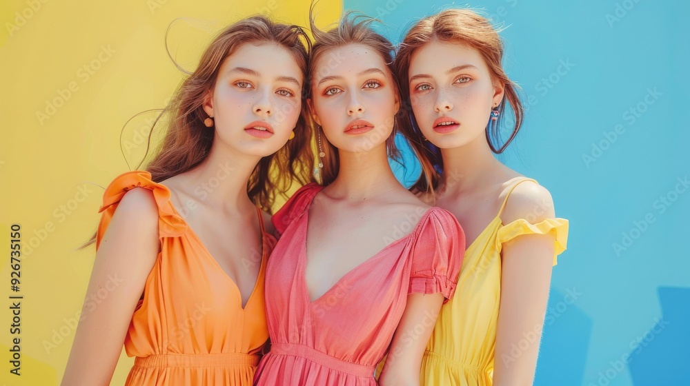Young women wearing colorful dresses pose together in springtime sunshine Young women wearing colorful dresses pose together in springtime sunshine