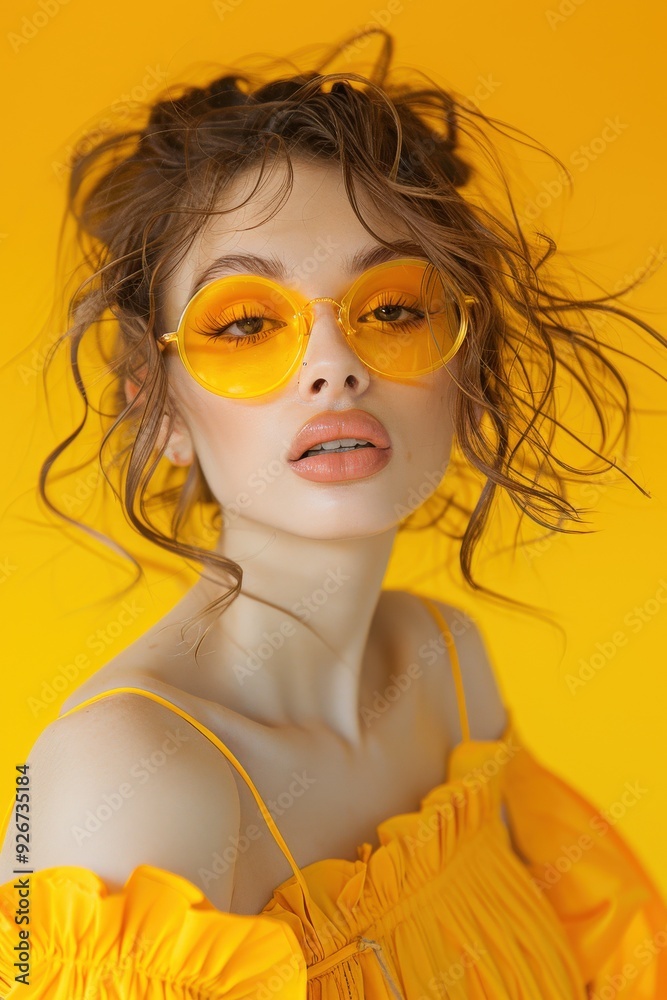 Young woman models vibrant spring fashion against a yellow backdrop