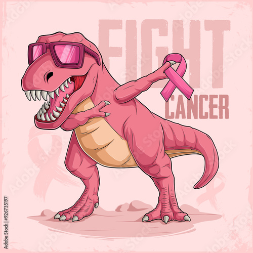 Breast cancer awareness Hand drawn funny pink dinosaur T Rex doing dab dance wearing pink sunglasses
