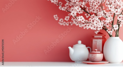 Elegant tea set with floral arrangement against a coral wall in a serene setting