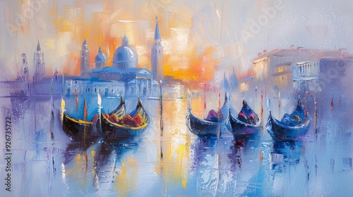 Gondolas float in serene waters as the sunset casts vibrant colors over Venice’s iconic architecture