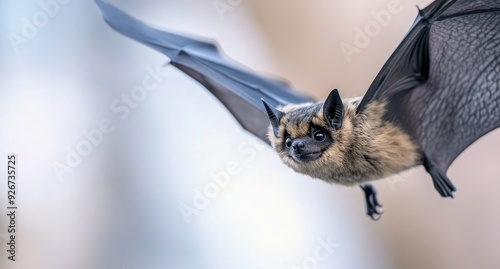 A close-up of a bat in flight against a blurred natural background during twi...