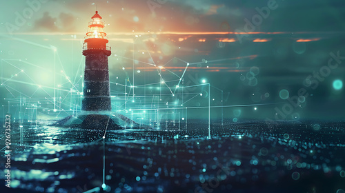 Towering lighthouse in a futuristic, digital world. Evolving technology and the potential for progress. A guide, inspiring innovation and leadership towards a brighter future. 
 photo