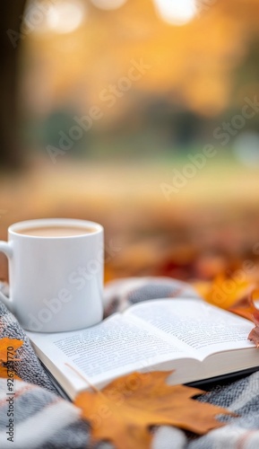 A cozy moment with a book and coffee amid autumn leaves in the park
